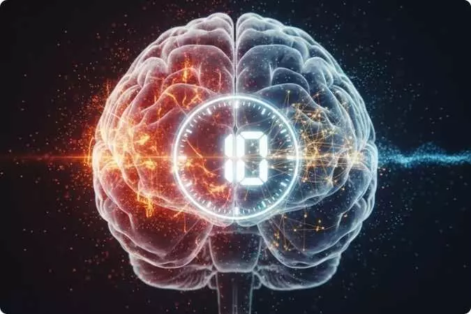 Imagem conceitual de um cérebro humano translúcido dividido verticalmente, com o lado esquerdo em tons quentes de laranja e vermelho, e o lado direito em tons frios de azul, ambos com partículas e conexões brilhantes