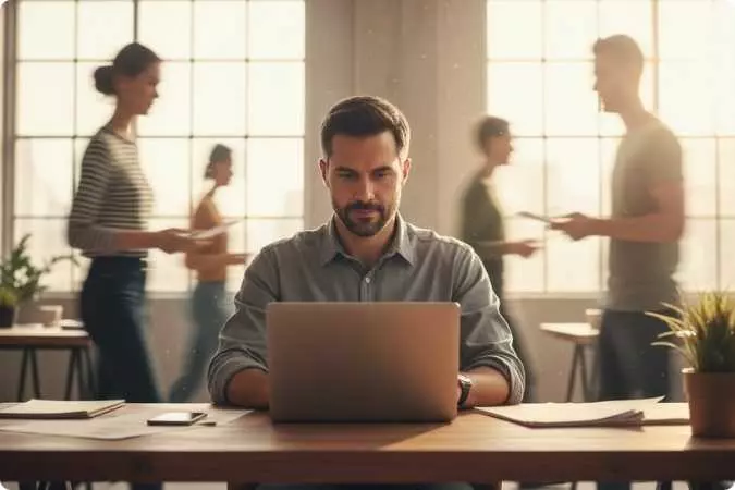 Homem mantendo a calma e focado no trabalho enquanto o ambiente ao redor está movimentado, representando situações reais em que contar até 10 ajuda a preservar a paz.