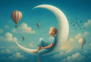 Ilustração de homem sentado na lua com balões simbolizando o mundo dos sonhos e a imaginação