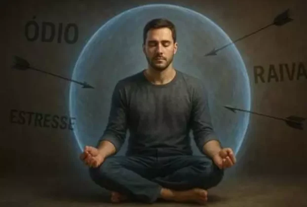 "Homen meditando dentro de uma esfera protetora enquanto palavras como ódio, estresse e raiva aparecem ao redor, simbolizando proteção emocional contra críticas negativas"