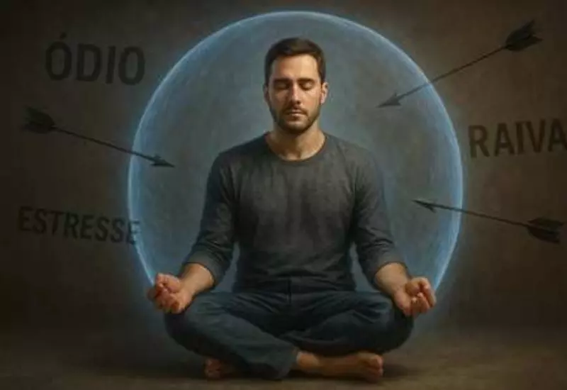 "Homen meditando dentro de uma esfera protetora enquanto palavras como ódio, estresse e raiva aparecem ao redor, simbolizando proteção emocional contra críticas negativas"