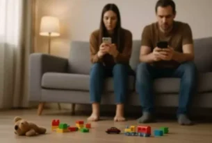 pais distraídos com celular enquanto brinquedos infantis estão no chão, simbolizando a negligência digital e a falta de presença emocional
