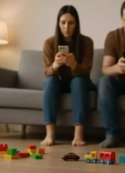 pais distraídos com celular enquanto brinquedos infantis estão no chão, simbolizando a negligência digital e a falta de presença emocional