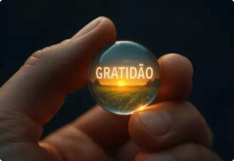 "Mão segurando esfera transparente com a palavra gratidão iluminada, simbolizando felicidade, bem-estar e reprogramação mental"