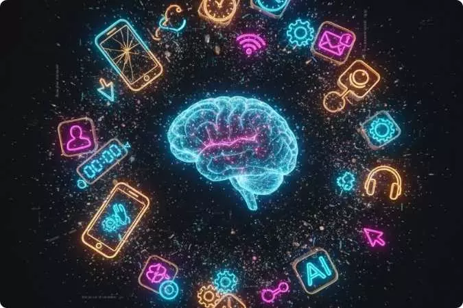 Ilustração digital de um cérebro cercado por ícones luminosos de celular, inteligência artificial e tecnologia, representando os vilões modernos da memória.