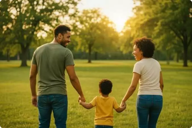 casal caminhando de mãos dadas com uma criança em um parque, simbolizando a reconexão emocional e o apego restaurado