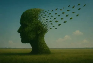 Escultura de cabeça em forma de árvore com folhas se desfazendo ao vento, simbolizando perda de memória e fragilidade mentaL