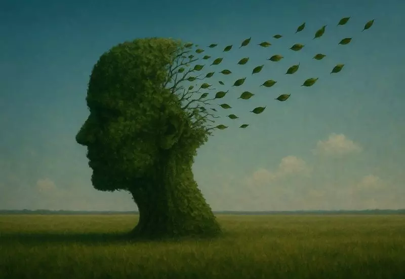 Escultura de cabeça em forma de árvore com folhas se desfazendo ao vento, simbolizando perda de memória e fragilidade mentaL