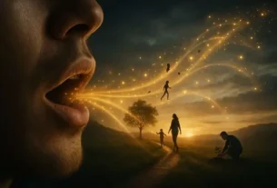 Pessoa falando enquanto palavras de luz e energia saem da boca, transformando o ambiente ao redor, simbolizando poder da comunicação e criação de realidades