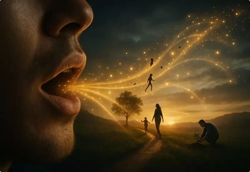 Pessoa falando enquanto palavras de luz e energia saem da boca, transformando o ambiente ao redor, simbolizando poder da comunicação e criação de realidades