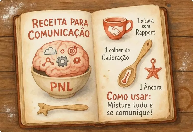 "Ilustração de livro aberto com receita visual para comunicação usando PNL, incluindo rapport, calibração e âncora"