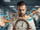 "Homen segurando um grande relógio, cercado por engrenagens e efeitos visuais, simbolizando gestão do tempo e técnicas de produtividade com PNL"