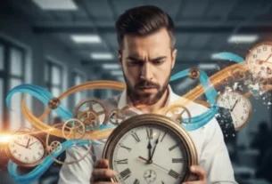 "Homen segurando um grande relógio, cercado por engrenagens e efeitos visuais, simbolizando gestão do tempo e técnicas de produtividade com PNL"
