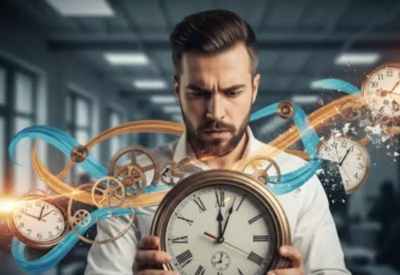 "Homen segurando um grande relógio, cercado por engrenagens e efeitos visuais, simbolizando gestão do tempo e técnicas de produtividade com PNL"