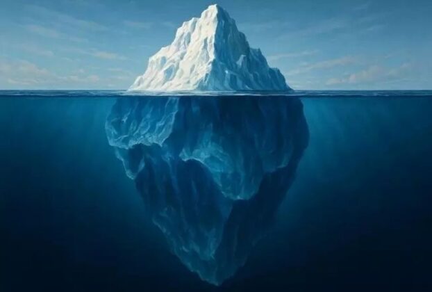 "Imagem de um iceberg onde a maior parte está submersa, simbolizando a disciplina e o esforço invisível por trás do sucesso"
