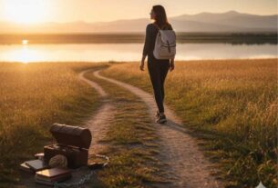 Pessoa caminhando leve em trilha, deixando excesso para trás, simbolizando a liberdade e o desapego da simplicidade voluntária.