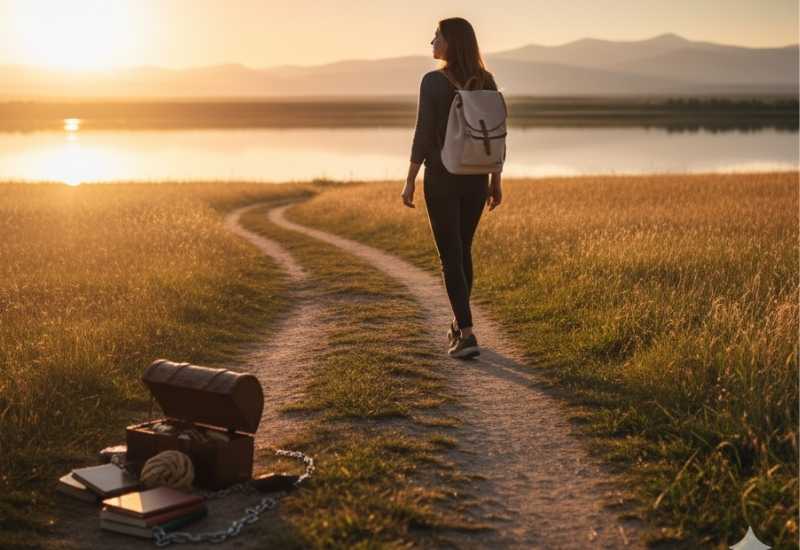 Pessoa caminhando leve em trilha, deixando excesso para trás, simbolizando a liberdade e o desapego da simplicidade voluntária.
