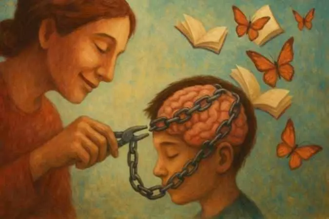 Mulher usando alicate para soltar correntes do cérebro de uma criança, simbolizando libertação mental através do conhecimento