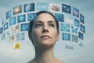 Mulher olhando para imagens flutuantes representando ciência, natureza e conhecimento