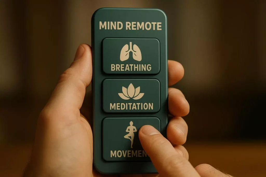 Mão segurando controle remoto com botões de respiração, meditação e movimento
