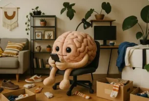 Ilustração de um cérebro sentado confortavelmente no sofá em uma sala de estar, representando procrastinação e inércia.