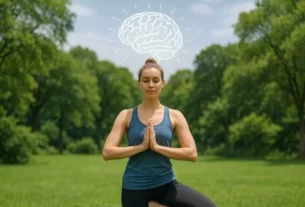 Pessoa praticando postura de yoga ao ar livre, representando equilíbrio e saúde do cérebro.