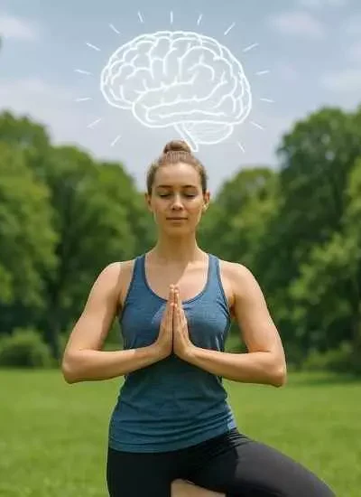 Pessoa praticando postura de yoga ao ar livre, representando equilíbrio e saúde do cérebro.