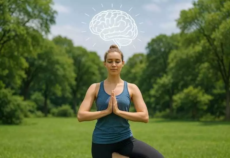 Pessoa praticando postura de yoga ao ar livre, representando equilíbrio e saúde do cérebro.