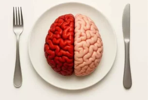 Cérebro ilustrado em um prato com talheres ao lado, simbolizando a conexão entre alimentação e saúde mental.