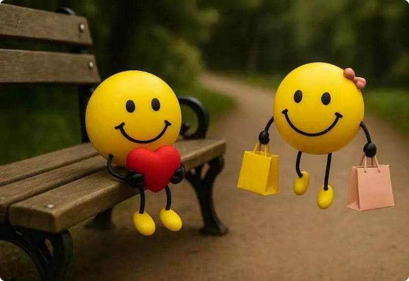 Dois emojis sorridentes sentados em um banco de praça, com sacola de compras, simbolizando o início de um relacionamento feliz.