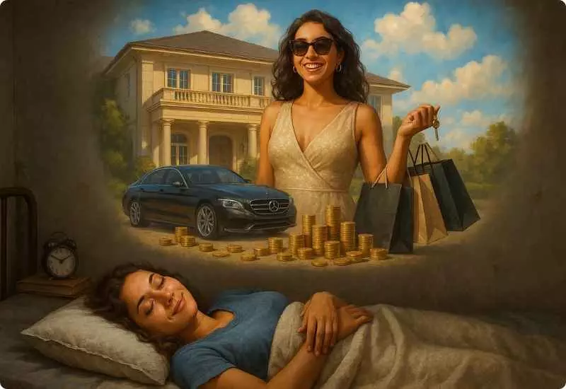 Mulher visualizando uma vida dos sonhos com casa, viagens e liberdade financeira.