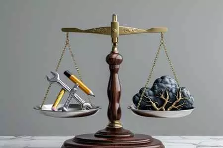 "Balança comparando ferramentas e um cérebro escuro com raízes, simbolizando a diferença entre críticas construtivas e destrutivas"