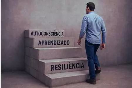 "Homen subindo degraus com as palavras resiliência, aprendizado e autoconsciência, simbolizando crescimento pessoal através das críticas"