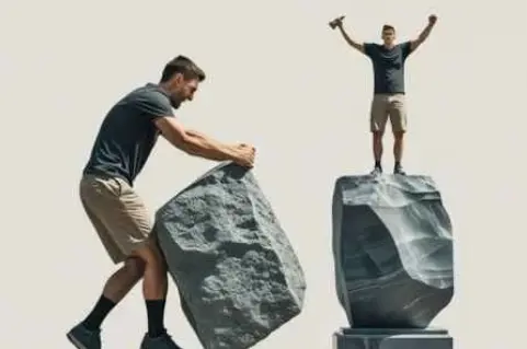 "Homen empurrando uma grande pedra e depois em pé vitorioso sobre ela, simbolizando superação, conquista e resiliência"