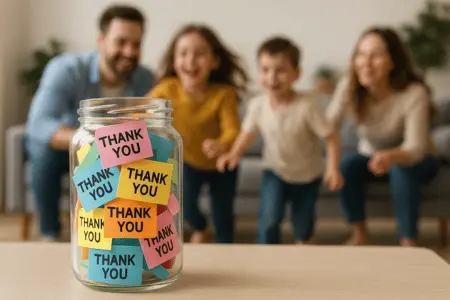 "Pote de vidro cheio de post-its coloridos com a frase 'Thank You', com família sorrindo ao fundo, simbolizando prática da gratidão e felicidade"