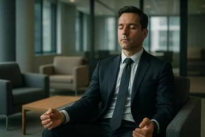 Homem de terno e gravata sentado em sala de descanso da empresa, praticando meditação no horário de pausa.