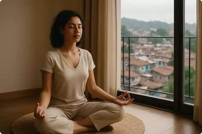 Mulher em posição de meditação em ambiente calmo, com luz suave, simbolizando clareza mental.