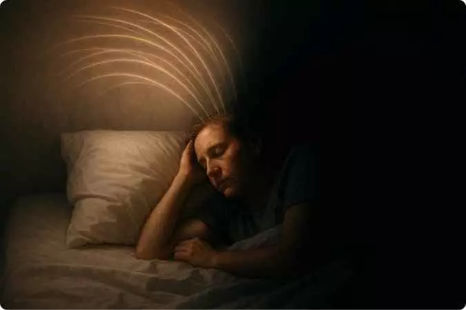 Pessoa dormindo enquanto feixes de luz representam o processo de memórias sendo consolidadas.