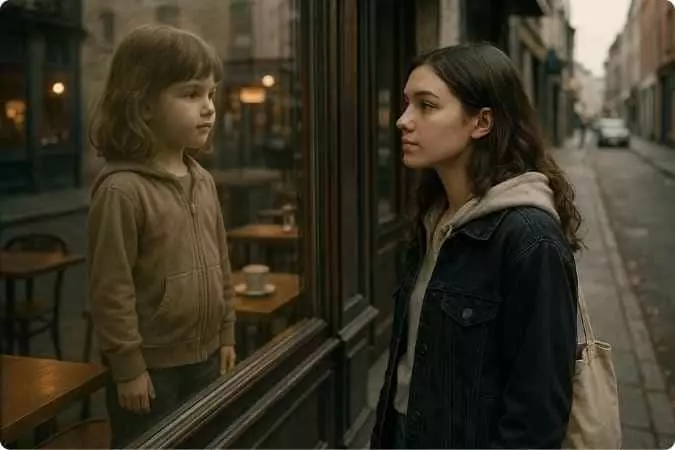 Mulher adulta olhando para o reflexo de si mesma criança em uma vitrine, simbolizando lembranças.