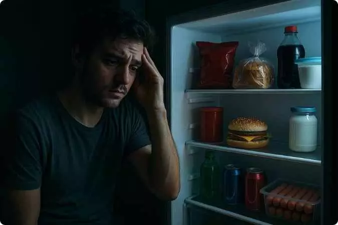 Jovem pensativo em frente à geladeira aberta, refletindo sobre escolhas alimentares e seus efeitos no corpo e na mente.