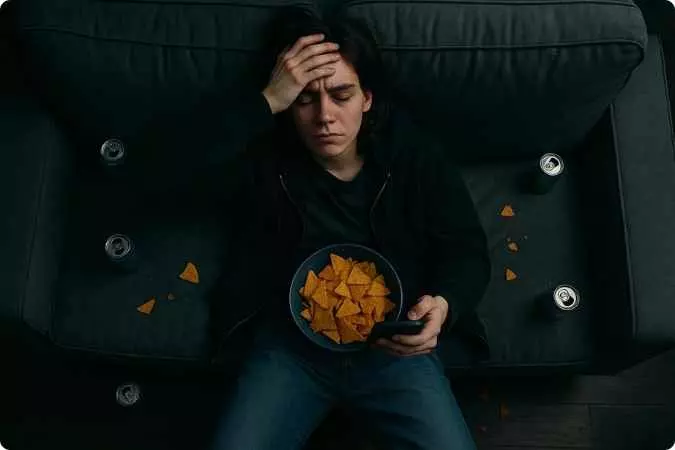 Mulher sentada no sofá à noite, comendo batata frita, simbolizando hábitos alimentares que podem afetar o cérebro e o estado emocional.