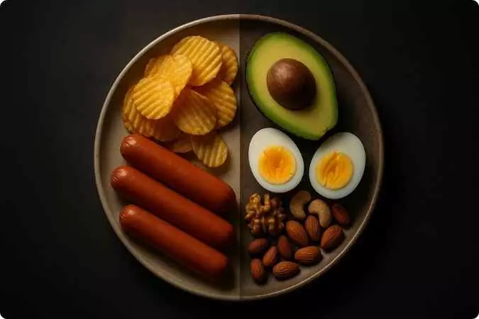 Prato dividido entre alimentos saudáveis como ovos e frutas e ultraprocessados como salsichas, representando o impacto das escolhas alimentares na saúde mental.