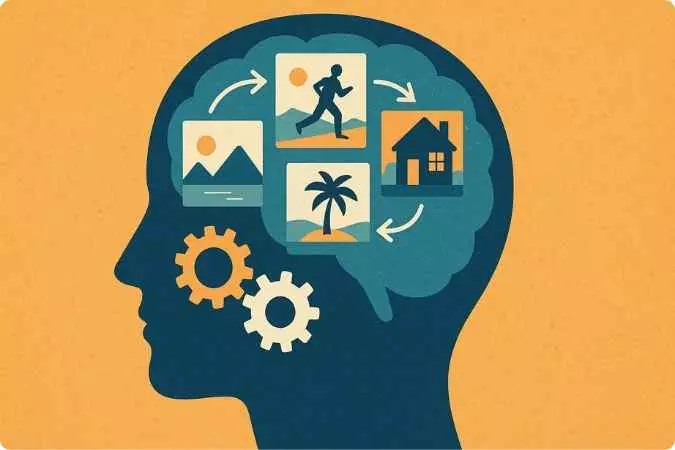 Silhueta com ícones de viagem, saúde, sucesso e prosperidade representando metas e desejos.