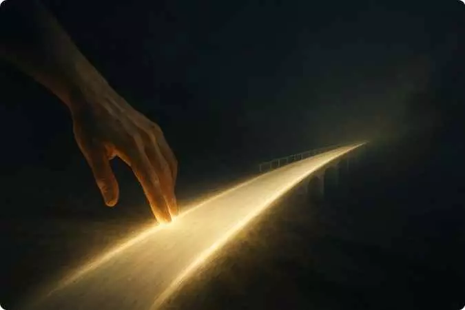 "Mão desenhando um caminho de luz, simbolizando criação de uma nova realidade."