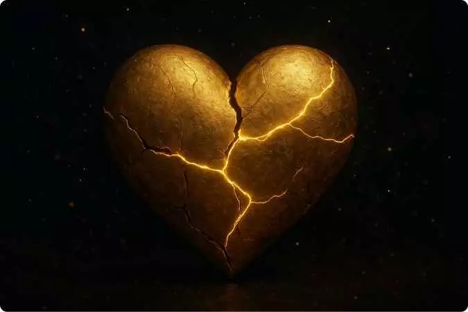 Coração dourado rachado em fundo escuro, no estilo kintsugi, simbolizando término e reconstrução emocional.