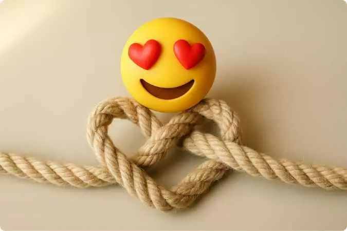 Emoji com olhos de coração apoiado em um nó de corda, representando atração e formação de laço afetivo.