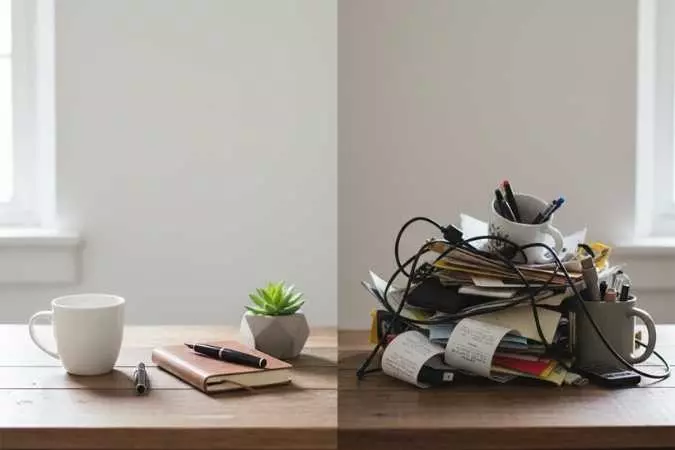 Contraste visual entre mesa desorganizada e mesa limpa e minimalista. Demonstra a importância de reduzir o excesso para o minimalismo consciente.
