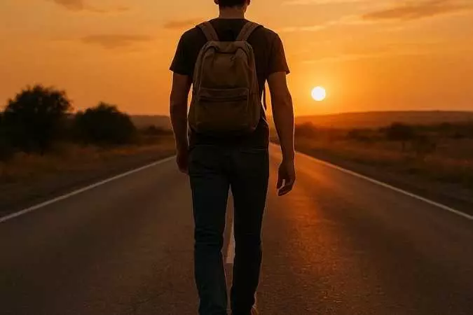 Homem caminhando leve em uma estrada vazia, carregando apenas uma pequena mochila.