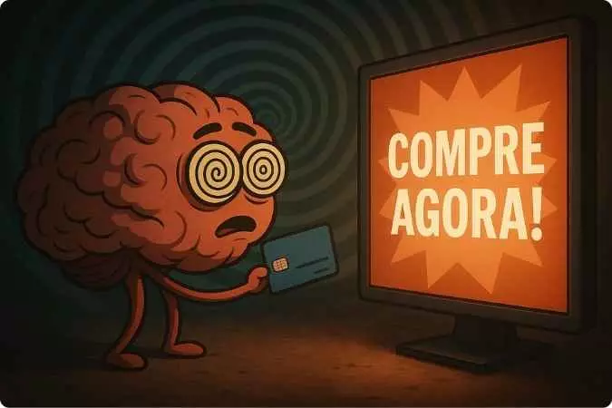 Ilustração de um cérebro animado olhando para uma tela com o texto “Compre Agora!”, simbolizando como o marketing ativa os gatilhos mentais de urgência e desejo de compra.