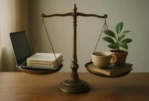 "Balança equilibrando um laptop e pilha de livros de um lado, e uma planta com xícara de café do outro, simbolizando equilíbrio entre vida profissional e pessoal"